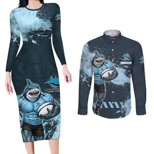 Personalised Cronulla Sutherland Sharks Rugby Couples Matching Long Sleeve Bodycon Dress and Long Sleeve Button Shirt Sharkies Mascot - Sporty Splash Art Style