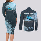 Personalised Cronulla Sutherland Sharks Rugby Couples Matching Long Sleeve Bodycon Dress and Long Sleeve Button Shirt Sharkies Mascot - Sporty Splash Art Style