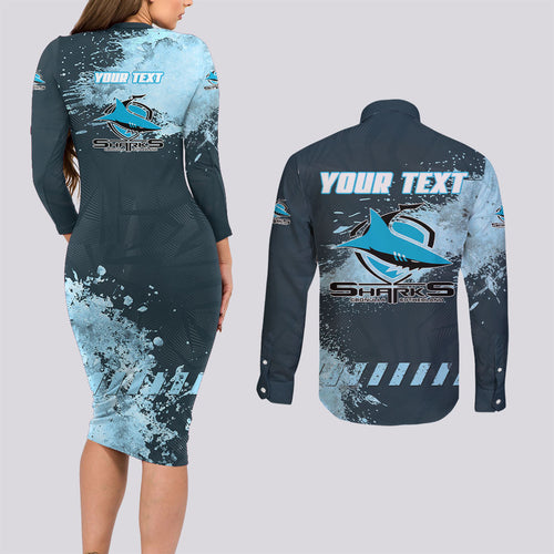 Personalised Cronulla Sutherland Sharks Rugby Couples Matching Long Sleeve Bodycon Dress and Long Sleeve Button Shirt Sharkies Mascot - Sporty Splash Art Style