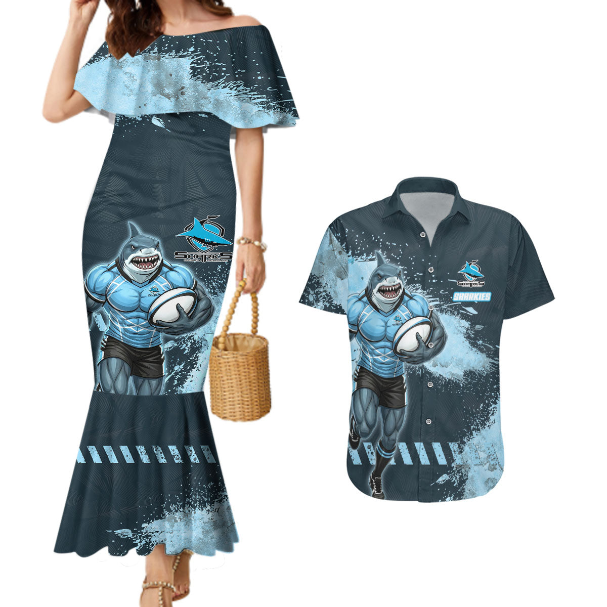 Personalised Cronulla Sutherland Sharks Rugby Couples Matching Mermaid Dress and Hawaiian Shirt Sharkies Mascot - Sporty Splash Art Style