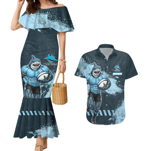 Personalised Cronulla Sutherland Sharks Rugby Couples Matching Mermaid Dress and Hawaiian Shirt Sharkies Mascot - Sporty Splash Art Style