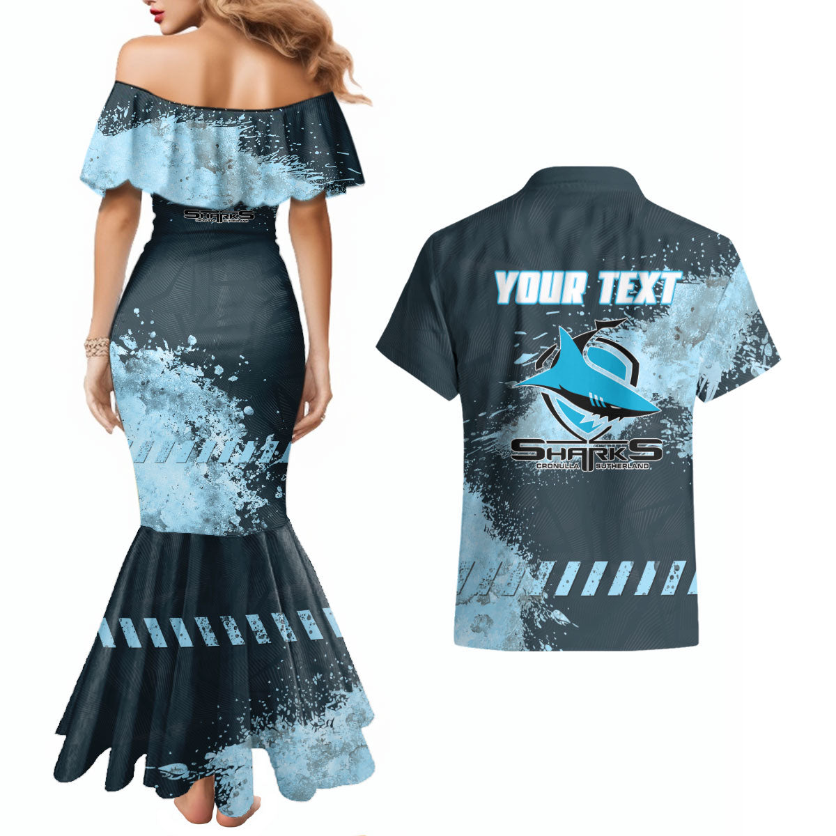 Personalised Cronulla Sutherland Sharks Rugby Couples Matching Mermaid Dress and Hawaiian Shirt Sharkies Mascot - Sporty Splash Art Style