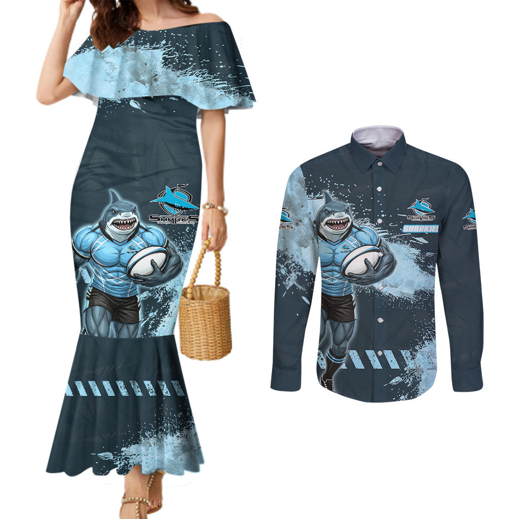 Personalised Cronulla Sutherland Sharks Rugby Couples Matching Mermaid Dress and Long Sleeve Button Shirt Sharkies Mascot - Sporty Splash Art Style