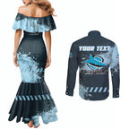 Personalised Cronulla Sutherland Sharks Rugby Couples Matching Mermaid Dress and Long Sleeve Button Shirt Sharkies Mascot - Sporty Splash Art Style