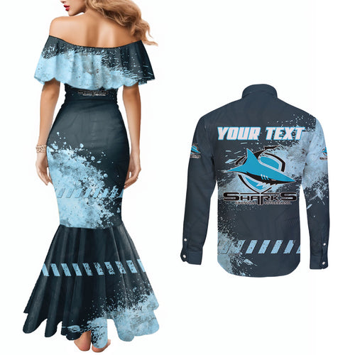 Personalised Cronulla Sutherland Sharks Rugby Couples Matching Mermaid Dress and Long Sleeve Button Shirt Sharkies Mascot - Sporty Splash Art Style