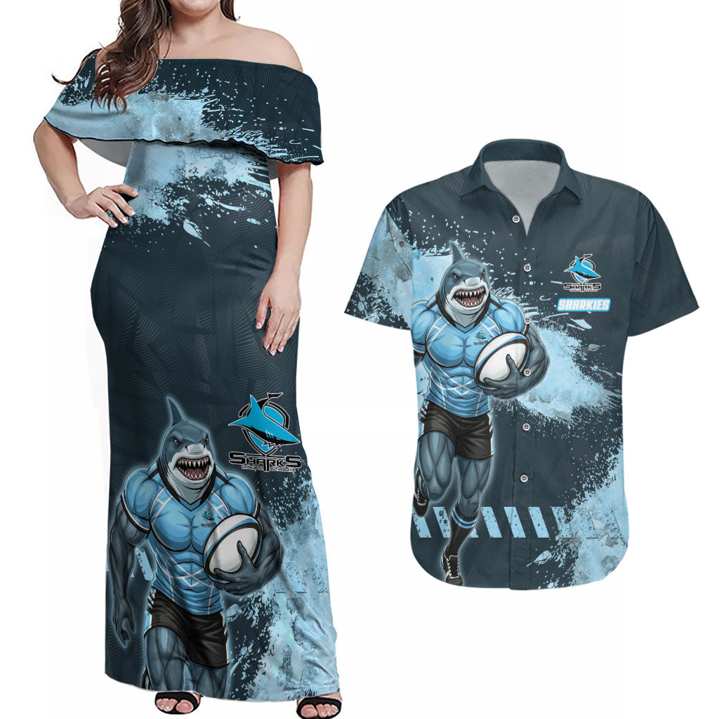 Personalised Cronulla Sutherland Sharks Rugby Couples Matching Off Shoulder Maxi Dress and Hawaiian Shirt Sharkies Mascot - Sporty Splash Art Style