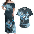 Personalised Cronulla Sutherland Sharks Rugby Couples Matching Off Shoulder Maxi Dress and Hawaiian Shirt Sharkies Mascot - Sporty Splash Art Style