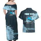 Personalised Cronulla Sutherland Sharks Rugby Couples Matching Off Shoulder Maxi Dress and Hawaiian Shirt Sharkies Mascot - Sporty Splash Art Style