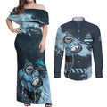 Personalised Cronulla Sutherland Sharks Rugby Couples Matching Off Shoulder Maxi Dress and Long Sleeve Button Shirt Sharkies Mascot - Sporty Splash Art Style