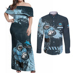 Personalised Cronulla Sutherland Sharks Rugby Couples Matching Off Shoulder Maxi Dress and Long Sleeve Button Shirt Sharkies Mascot - Sporty Splash Art Style