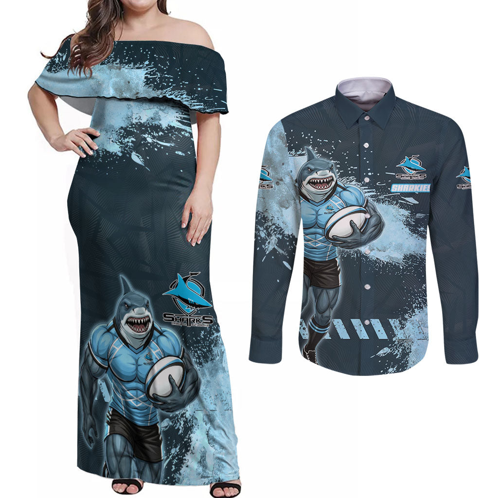 Personalised Cronulla Sutherland Sharks Rugby Couples Matching Off Shoulder Maxi Dress and Long Sleeve Button Shirt Sharkies Mascot - Sporty Splash Art Style