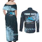 Personalised Cronulla Sutherland Sharks Rugby Couples Matching Off Shoulder Maxi Dress and Long Sleeve Button Shirt Sharkies Mascot - Sporty Splash Art Style
