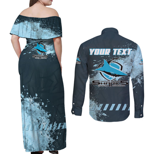 Personalised Cronulla Sutherland Sharks Rugby Couples Matching Off Shoulder Maxi Dress and Long Sleeve Button Shirt Sharkies Mascot - Sporty Splash Art Style