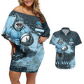 Personalised Cronulla Sutherland Sharks Rugby Couples Matching Off Shoulder Short Dress and Hawaiian Shirt Sharkies Mascot - Sporty Splash Art Style