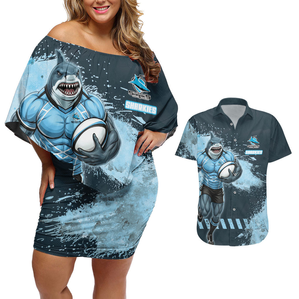 Personalised Cronulla Sutherland Sharks Rugby Couples Matching Off Shoulder Short Dress and Hawaiian Shirt Sharkies Mascot - Sporty Splash Art Style