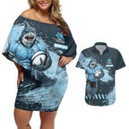 Personalised Cronulla Sutherland Sharks Rugby Couples Matching Off Shoulder Short Dress and Hawaiian Shirt Sharkies Mascot - Sporty Splash Art Style