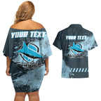 Personalised Cronulla Sutherland Sharks Rugby Couples Matching Off Shoulder Short Dress and Hawaiian Shirt Sharkies Mascot - Sporty Splash Art Style