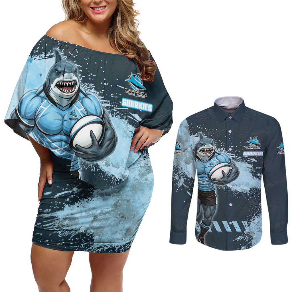 Personalised Cronulla Sutherland Sharks Rugby Couples Matching Off Shoulder Short Dress and Long Sleeve Button Shirt Sharkies Mascot - Sporty Splash Art Style