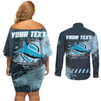 Personalised Cronulla Sutherland Sharks Rugby Couples Matching Off Shoulder Short Dress and Long Sleeve Button Shirt Sharkies Mascot - Sporty Splash Art Style