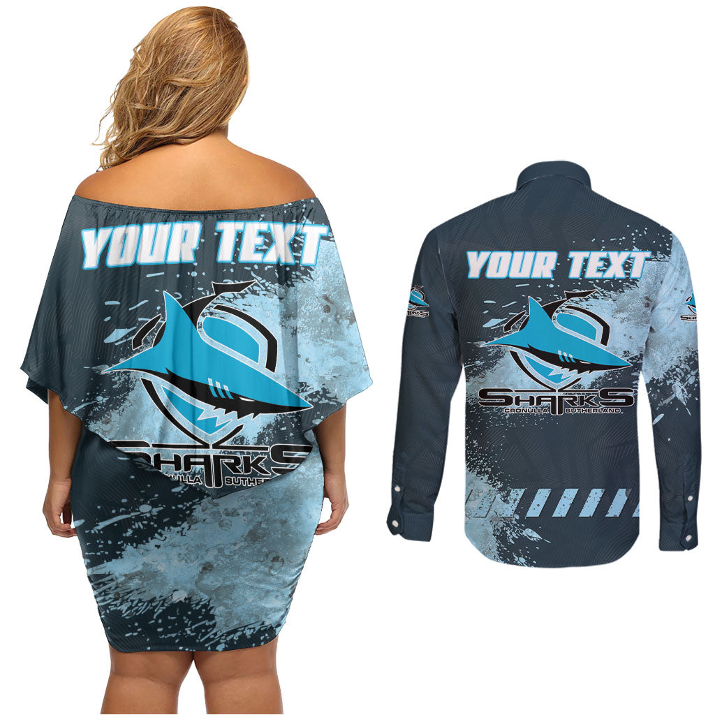 Personalised Cronulla Sutherland Sharks Rugby Couples Matching Off Shoulder Short Dress and Long Sleeve Button Shirt Sharkies Mascot - Sporty Splash Art Style