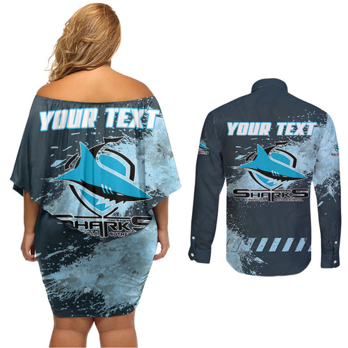 Personalised Cronulla Sutherland Sharks Rugby Couples Matching Off Shoulder Short Dress and Long Sleeve Button Shirt Sharkies Mascot - Sporty Splash Art Style