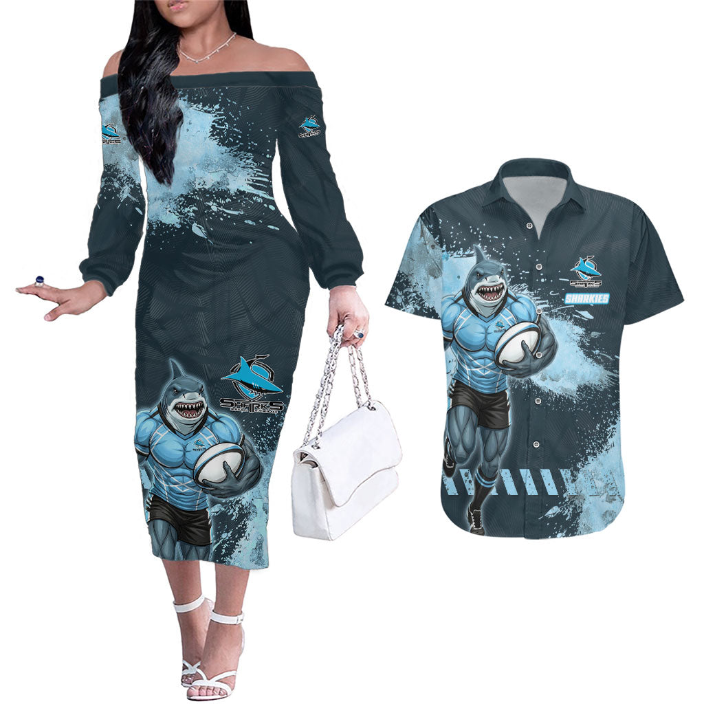 Personalised Cronulla Sutherland Sharks Rugby Couples Matching Off The Shoulder Long Sleeve Dress and Hawaiian Shirt Sharkies Mascot - Sporty Splash Art Style