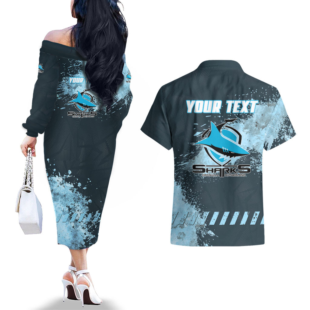 Personalised Cronulla Sutherland Sharks Rugby Couples Matching Off The Shoulder Long Sleeve Dress and Hawaiian Shirt Sharkies Mascot - Sporty Splash Art Style