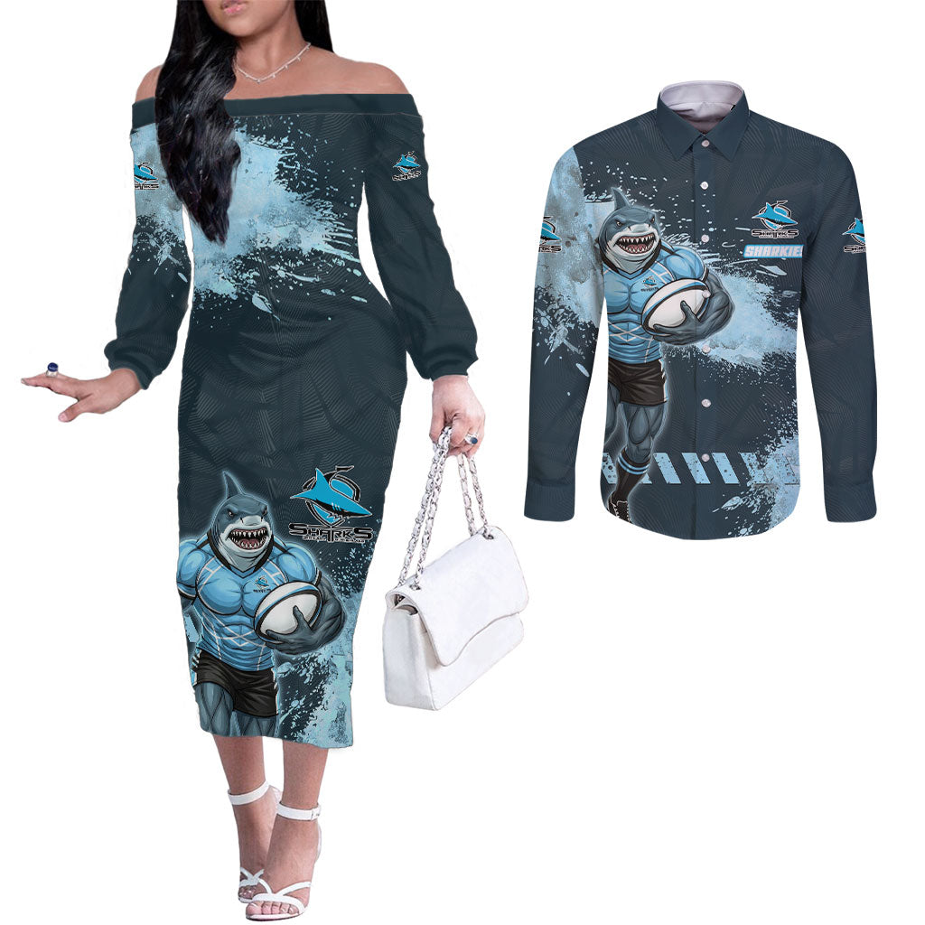 Personalised Cronulla Sutherland Sharks Rugby Couples Matching Off The Shoulder Long Sleeve Dress and Long Sleeve Button Shirt Sharkies Mascot - Sporty Splash Art Style