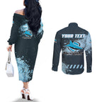 Personalised Cronulla Sutherland Sharks Rugby Couples Matching Off The Shoulder Long Sleeve Dress and Long Sleeve Button Shirt Sharkies Mascot - Sporty Splash Art Style