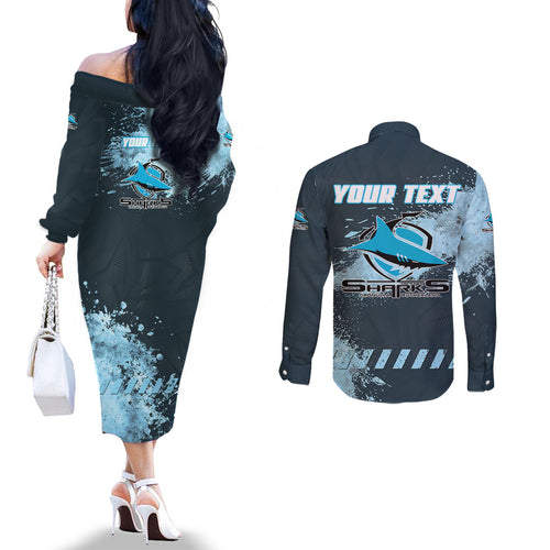 Personalised Cronulla Sutherland Sharks Rugby Couples Matching Off The Shoulder Long Sleeve Dress and Long Sleeve Button Shirt Sharkies Mascot - Sporty Splash Art Style