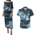 Personalised Cronulla Sutherland Sharks Rugby Couples Matching Puletasi and Hawaiian Shirt Sharkies Mascot - Sporty Splash Art Style