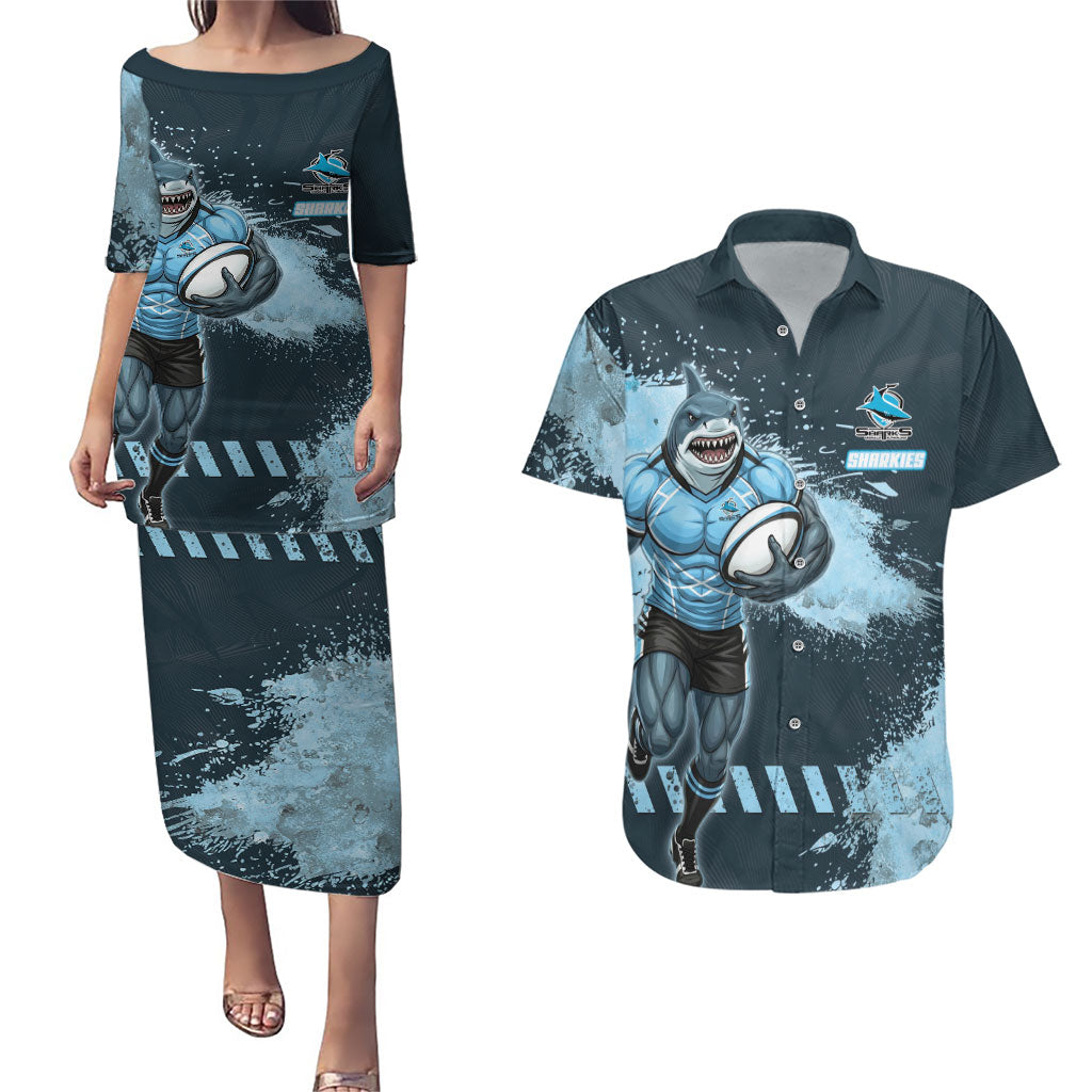 Personalised Cronulla Sutherland Sharks Rugby Couples Matching Puletasi and Hawaiian Shirt Sharkies Mascot - Sporty Splash Art Style