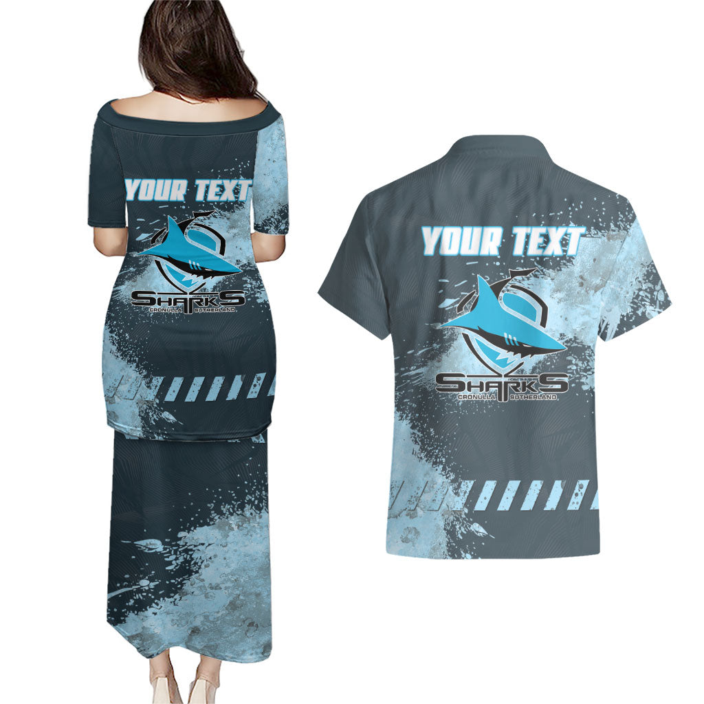 Personalised Cronulla Sutherland Sharks Rugby Couples Matching Puletasi and Hawaiian Shirt Sharkies Mascot - Sporty Splash Art Style