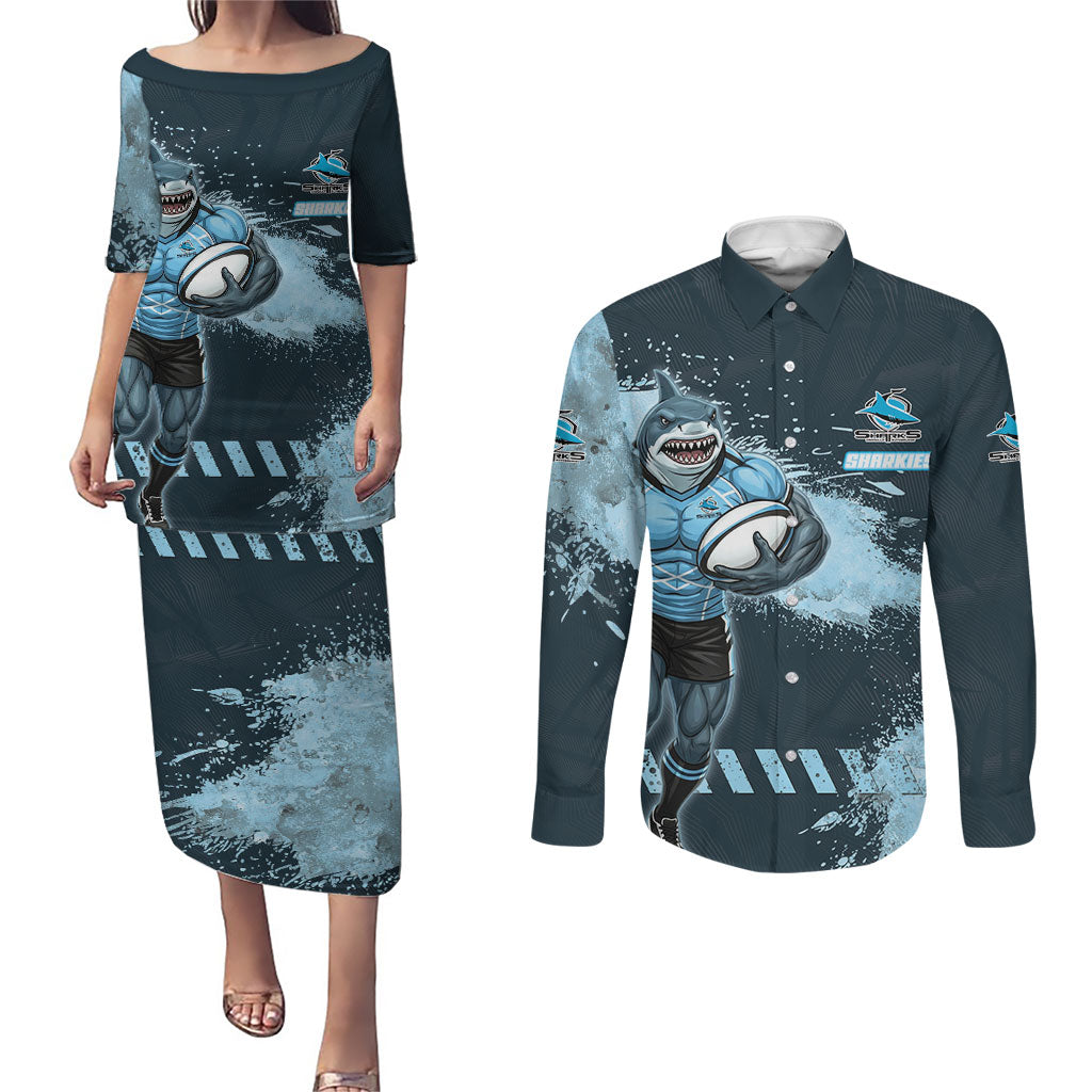 Personalised Cronulla Sutherland Sharks Rugby Couples Matching Puletasi and Long Sleeve Button Shirt Sharkies Mascot - Sporty Splash Art Style