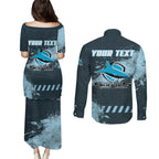 Personalised Cronulla Sutherland Sharks Rugby Couples Matching Puletasi and Long Sleeve Button Shirt Sharkies Mascot - Sporty Splash Art Style