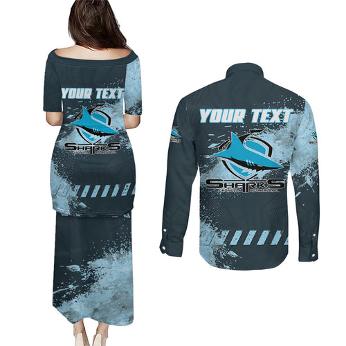 Personalised Cronulla Sutherland Sharks Rugby Couples Matching Puletasi and Long Sleeve Button Shirt Sharkies Mascot - Sporty Splash Art Style