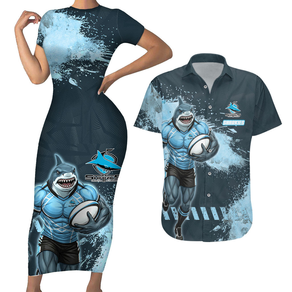 Personalised Cronulla Sutherland Sharks Rugby Couples Matching Short Sleeve Bodycon Dress and Hawaiian Shirt Sharkies Mascot - Sporty Splash Art Style