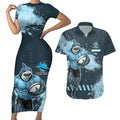 Personalised Cronulla Sutherland Sharks Rugby Couples Matching Short Sleeve Bodycon Dress and Hawaiian Shirt Sharkies Mascot - Sporty Splash Art Style