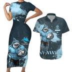 Personalised Cronulla Sutherland Sharks Rugby Couples Matching Short Sleeve Bodycon Dress and Hawaiian Shirt Sharkies Mascot - Sporty Splash Art Style