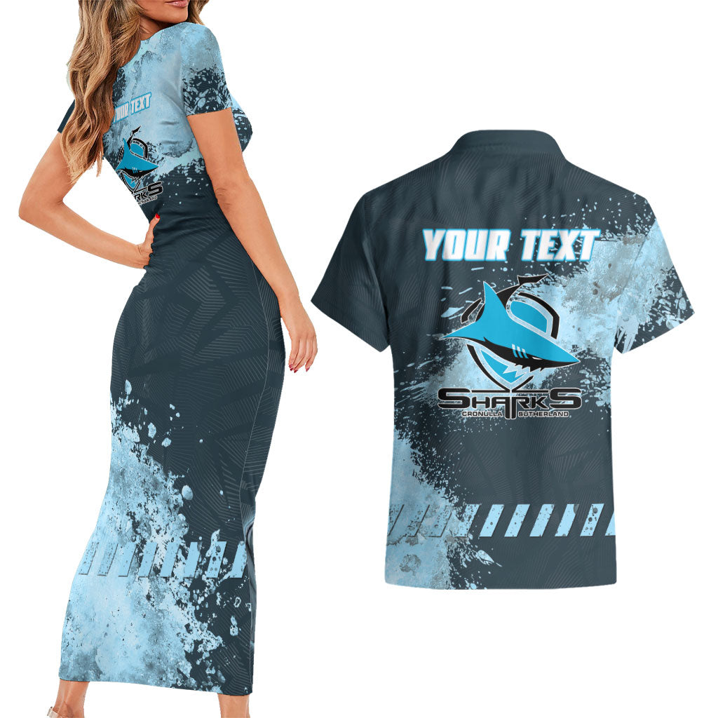 Personalised Cronulla Sutherland Sharks Rugby Couples Matching Short Sleeve Bodycon Dress and Hawaiian Shirt Sharkies Mascot - Sporty Splash Art Style