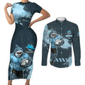 Personalised Cronulla Sutherland Sharks Rugby Couples Matching Short Sleeve Bodycon Dress and Long Sleeve Button Shirt Sharkies Mascot - Sporty Splash Art Style