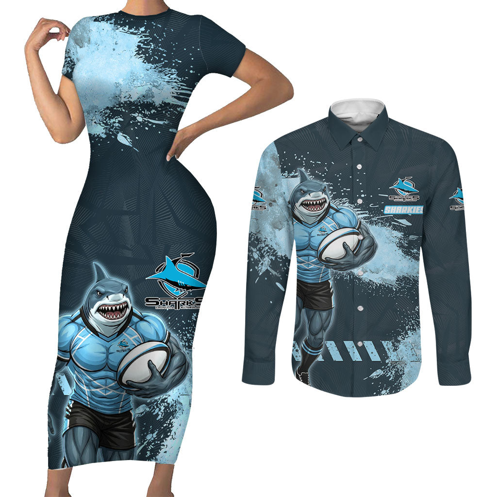 Personalised Cronulla Sutherland Sharks Rugby Couples Matching Short Sleeve Bodycon Dress and Long Sleeve Button Shirt Sharkies Mascot - Sporty Splash Art Style