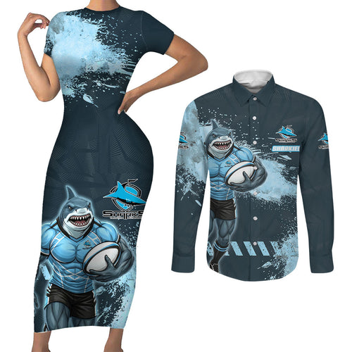 Personalised Cronulla Sutherland Sharks Rugby Couples Matching Short Sleeve Bodycon Dress and Long Sleeve Button Shirt Sharkies Mascot - Sporty Splash Art Style