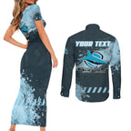 Personalised Cronulla Sutherland Sharks Rugby Couples Matching Short Sleeve Bodycon Dress and Long Sleeve Button Shirt Sharkies Mascot - Sporty Splash Art Style