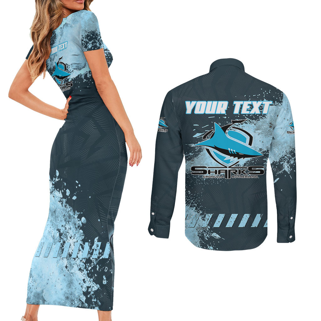 Personalised Cronulla Sutherland Sharks Rugby Couples Matching Short Sleeve Bodycon Dress and Long Sleeve Button Shirt Sharkies Mascot - Sporty Splash Art Style