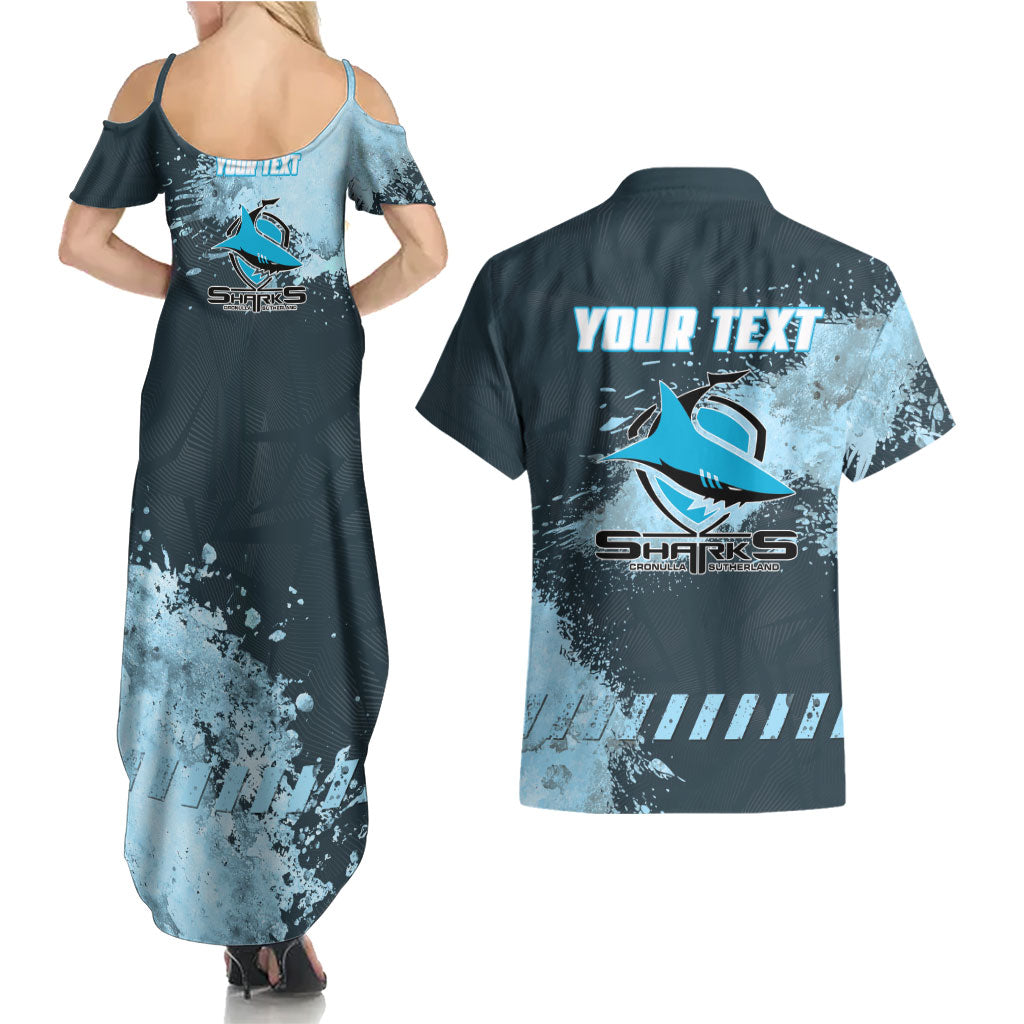 Personalised Cronulla Sutherland Sharks Rugby Couples Matching Summer Maxi Dress and Hawaiian Shirt Sharkies Mascot - Sporty Splash Art Style