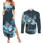 Personalised Cronulla Sutherland Sharks Rugby Couples Matching Summer Maxi Dress and Long Sleeve Button Shirt Sharkies Mascot - Sporty Splash Art Style