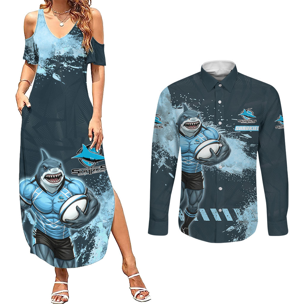 Personalised Cronulla Sutherland Sharks Rugby Couples Matching Summer Maxi Dress and Long Sleeve Button Shirt Sharkies Mascot - Sporty Splash Art Style