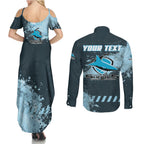 Personalised Cronulla Sutherland Sharks Rugby Couples Matching Summer Maxi Dress and Long Sleeve Button Shirt Sharkies Mascot - Sporty Splash Art Style