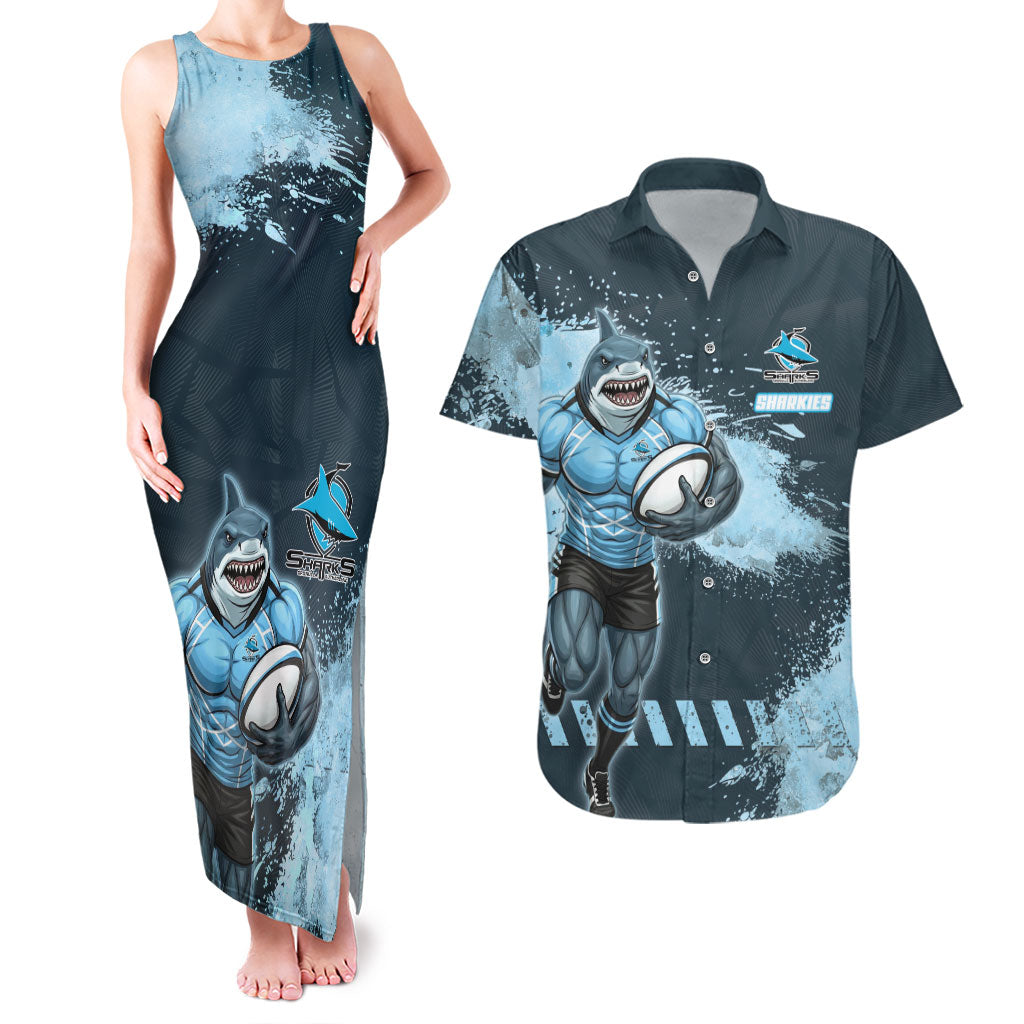 Personalised Cronulla Sutherland Sharks Rugby Couples Matching Tank Maxi Dress and Hawaiian Shirt Sharkies Mascot - Sporty Splash Art Style